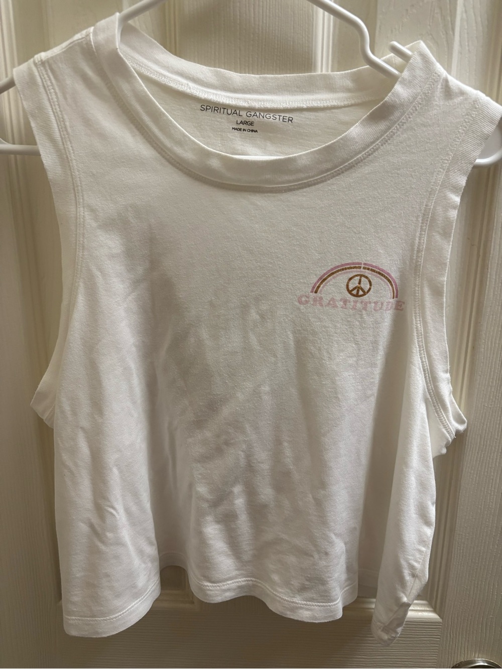 Spiritual Gangster White Cropped Tank with Rainbow Peace Graphic